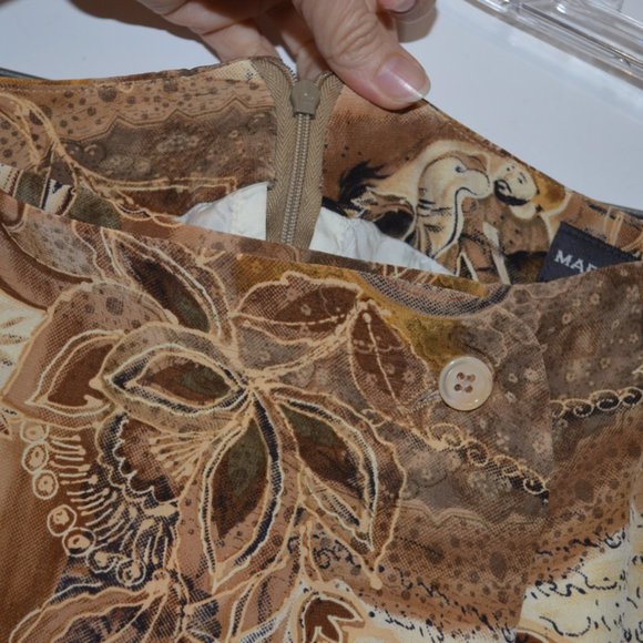 MARK SHALE Midi Skirt Lining Front Fold Floral Cream-Brown Zip Back USA 10 - Picture 7 of 10